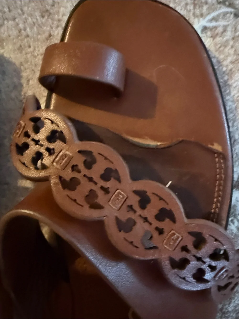 Tory Burch Cognac Leather Slide Sandals with Logo Cutout Strap